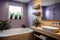 Minimalist bathroom design. The bathroom is lined with purple tiles. The room has a wooden cabinet, a mirror and a