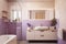 Minimalist bathroom design. The bathroom is lined with purple tiles. The room has a wooden cabinet, a mirror and a