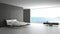 Minimalist bedroom with big window on sea panorama