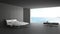 Minimalist bedroom with big window on sea panorama