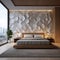 A minimalist bedroom featuring a white 3D honeycomb wall pattern