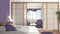 Minimalist bedroom in japanese style in white and violet tones, parquet floor, double bed, sliding door, armchair and big