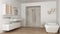 Minimalist bright bathroom with double sink, shower and bathtub, white interior design