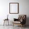 Minimalist Brown Leather Chair With Coffee Table And Black Framed Print