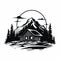 Minimalist Cabin Art: Graphic Black And White Silhouette With Mountain Background