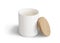 Minimalist candle mockup, white ceramic candle jar with wooden lid open design-ready 3D render template