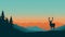 Minimalist Caribou Silhouette In Teal And Orange Mountains