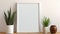 Minimalist Cartooning: White Frame With Plants On Wooden Table