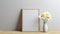 Minimalist Cartooning: Wooden Frame And Flower On Wooden Table