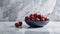 Minimalist Cherry Bowl On Navy And Gray Marble Wall