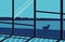 Minimalist city illustration, Dnipro river. Desktop background, wallpaper. Blue colors