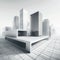 Minimalist cityscape 3D rendering showcases modern architecture in grayscale