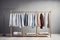 Minimalist clothes rack with vibrant shirts, showcasing balance, harmony, and intricate details.