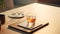 Minimalist Coasters Scene With Glass Of Whiskey On Wooden Tray