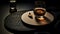 Minimalist Coasters Scene: Whiskey Glass, Whisky Tumbler On Black Chopping Board