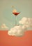 Minimalist collage of red coctail with funny straw above clouds in the sky of red and light blue colors