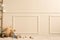 Minimalist composition of children room interior with copy space, wicker baskets, wooden blockers, animal plush toys, ladder,