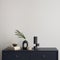 Minimalist composition of elegant and outstanding space with copy space, blue commode, green leaves in vase and personal