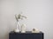 Minimalist composition of elegant and outstanding space with copy space, navy commode, green leaves in vase books, sculpture and