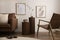 Minimalist composition of elegant and warm space with brown sofa, wooden side tables, rattan armchair, mock up poster frames,