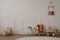 Minimalist composition of kids room interior with velvet orange armchair, braided cradle, baskets, round rug, white stool, beige