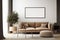 Minimalist composition of living room with brown wooden mock up poster frame. AI generated