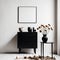 Minimalist composition of living room interior with copy space, black commode, vase with dried flowers,