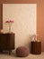 Minimalist composition of living room interior with mock up poster frame, wooden sideboard, stand, vase with pink flowers, lamp,