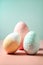 Minimalist composition from three decorated Easter eggs in pastel colors on pink blue background. Morning light. AI generated