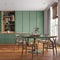 Minimalist contemporary wooden dining room and kitchen in green tones. Island and table with chairs, parquet floor. Modern