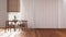 Minimalist contemporary wooden dining room in white tones with table and chairs, curtains and parquet floor. Mockup with copy