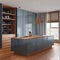 Minimalist contemporary wooden kitchen with island in blue tones. Parquet floor and panoramic window with curtains. Modern