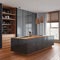 Minimalist contemporary wooden kitchen with island in gray tones. Parquet floor and panoramic window with curtains. Modern