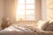 minimalist cozy bedroom with a comfortable bed and a scenic view from window. Good morning sunrise Generative AI