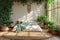 Minimalist cozy bedroom with plants, macrame, window with many frame, jute carpet. Boho style
