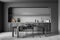 Minimalist dark grey kitchen with slim chairs and rounded niche