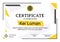 Minimalist diploma with seal, corporate logo and signature. Vector certificate template, black yellow colors