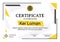 Minimalist diploma with seal, corporate logo and signature. Vector certificate template, black yellow colors, professional