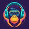 Minimalist drawing of a monkey with a headphone on a solid background. Logo style application. Generative AI.
