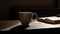 Minimalist elegance, A blank ceramic mug and book on a sleek wooden table, understated beauty