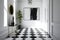 A minimalist entryway with black and white checkered flooring, white walls and a blank poster hanging on the wall