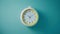 Minimalist flat lay image of plastic wall clock over blue turquiose background, generative ai