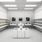 A minimalist, futuristic gadget store, with sleek and shiny devices arranged on shelves and display tables