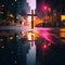 Minimalist Glass Cross Reflecting Vibrant Neon City Lights on Rainy Evening in Urban Metropolis AI Generated