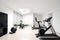 Minimalist home gym with white walls, rubber flooring, and state-of-the-art exercise equipment. Generative AI