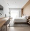 A minimalist hotel room with clean lines, a neutral color palette