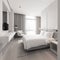 A minimalist hotel room with clean lines, a neutral color palette