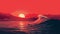 Minimalist Illustration Of Swell: A Red Sunset And Waves