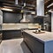 A minimalist, industrial kitchen with concrete countertops, stainless steel appliances, and open shelving3, Generative AI