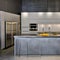 A minimalist, industrial kitchen with concrete countertops, stainless steel appliances, and open shelving5, Generative AI